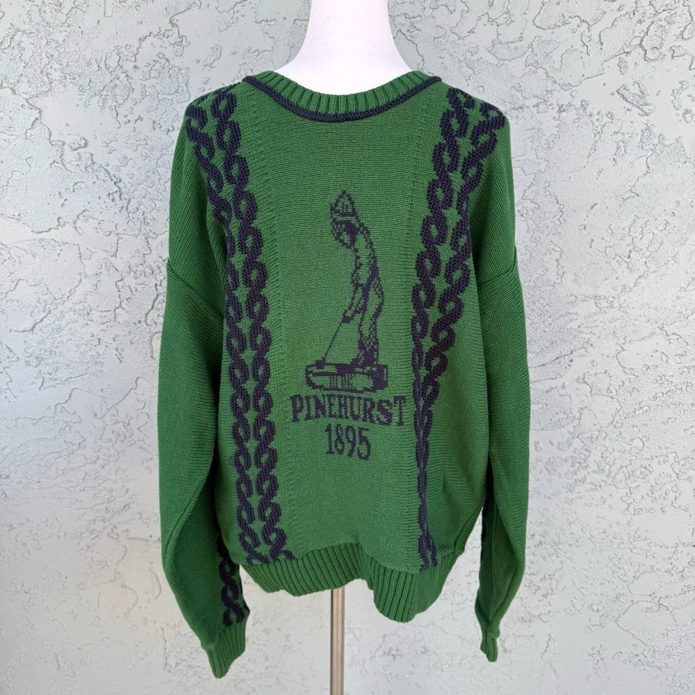 Vintage Pinehurst 1895 Green Knit Sweater with Navy Golf Motif 100% Cotton XL - Picture 1 of 6